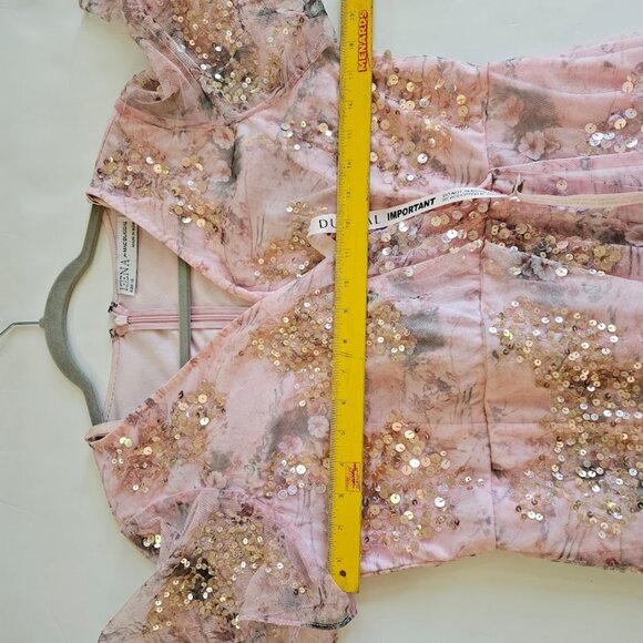 NWT Ieena for Mac Duggal Sequin Mesh Flutter Sleeve Faux Wrap Midi Dress Rose 12 - Picture 13 of 15